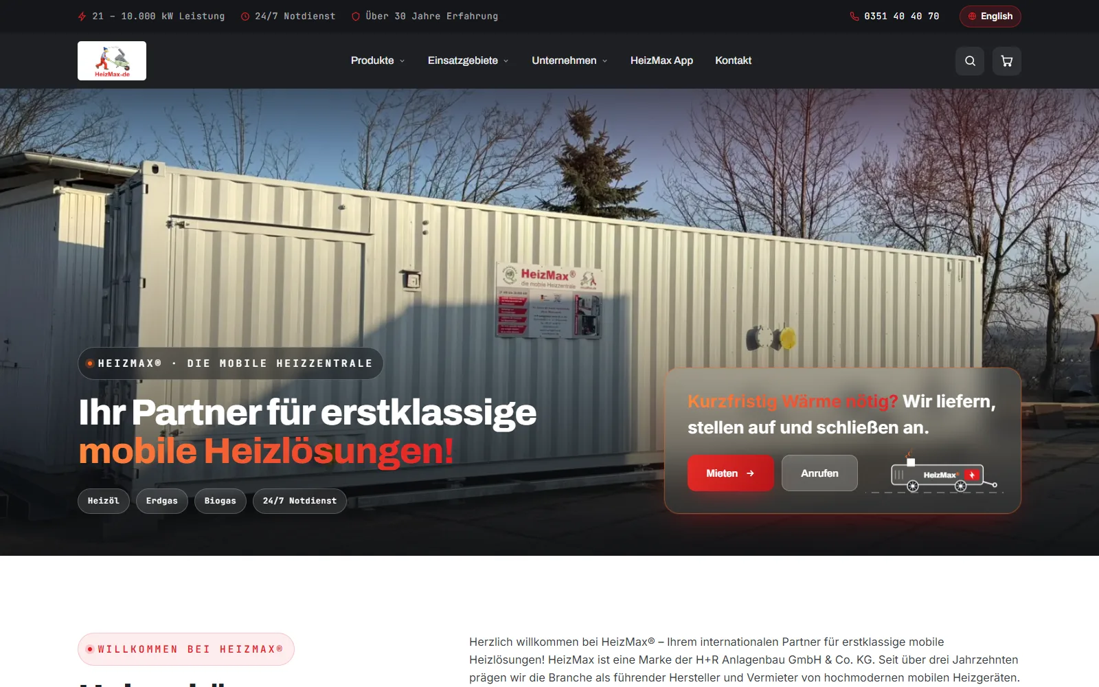HeizMax website and shop, built on WordPress with WooCommerce